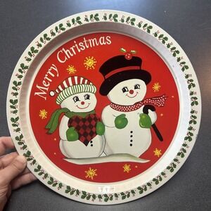 Christmas Tin Cookie Tray Vintage 90s 13in Round Tray Snowman Holly Mittens
